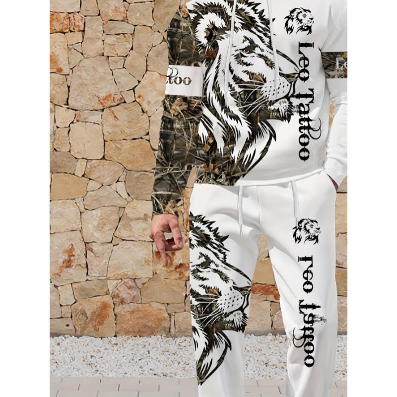 1set Polyester Knit Fashion Street Style Men'S Lion Letter Print Hoodie and Sweatpants Set, Regular Fit, Casual Weekend Wear, with Slight Stretch, Animal Pattern, for Spring Fall