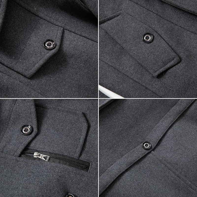 Men's Wool Blend Jacket Single Breasted Slim Fit Thick Winter Windproof Pea Coat with Removable Scarf