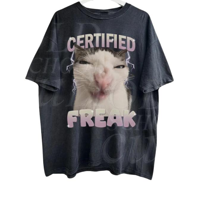 Certified Freak Cat Meme Graphic T-Shirt, Vintage Funny Cat Expression Graphic Tee, Cute Kitty Meme Unisex Retro Top,Fun Pet Humor Gifts Menswear Underwear