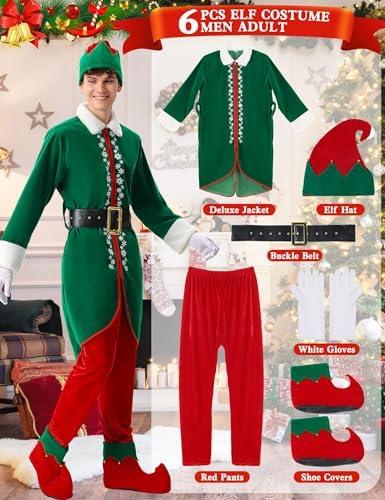 Christmas Elf Costume for Men - 6 PCS Santa Helper Outfit for Xmas & Halloween