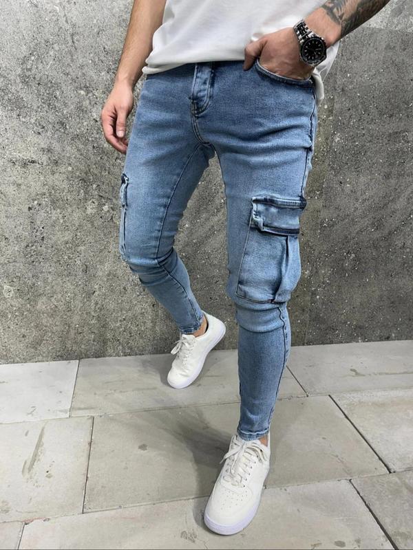 Men's Washed Side Pocket Skinny Jeans, Casual Comfy Regular Fit Denim Pants for Daily Wear, Fashion Men's Bottoms for All Seasons