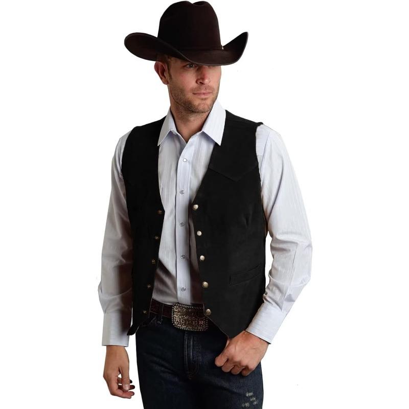 Men's Suede Leather Vest Vintage Cowboy Style Sleeveless Jacket Slim Fit Wedding Waistcoats