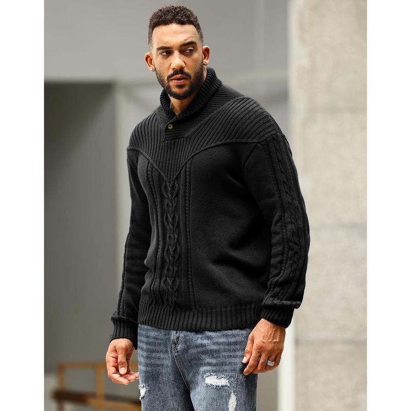 Men's Shawl Collar Pullover Sweater Casual Button Cable Knit Sweaters