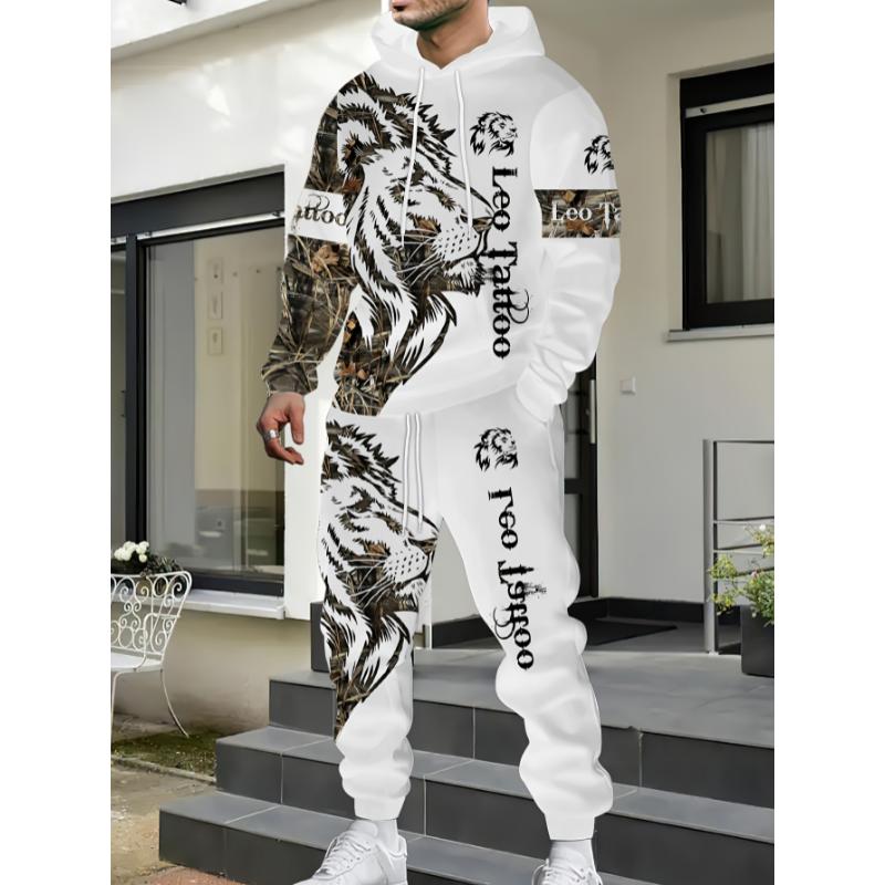 1set Polyester Knit Fashion Street Style Men'S Lion Letter Print Hoodie and Sweatpants Set, Regular Fit, Casual Weekend Wear, with Slight Stretch, Animal Pattern, for Spring Fall