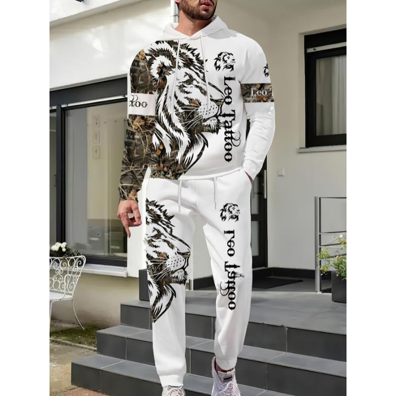 1set Polyester Knit Fashion Street Style Men'S Lion Letter Print Hoodie and Sweatpants Set, Regular Fit, Casual Weekend Wear, with Slight Stretch, Animal Pattern, for Spring Fall