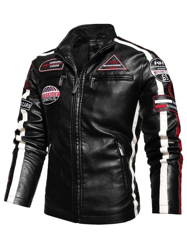 Men's Letter Patched Zip Up Pocket Side Stripe PU Leather Jacket, Regular Fit Street Funnel Neck Motorcycle Racing Outerwear, Fall & Winter Clothes