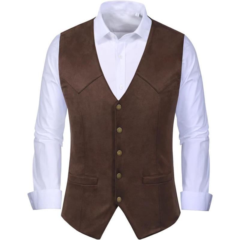 Men's Suede Leather Vest Vintage Cowboy Style Sleeveless Jacket Slim Fit Wedding Waistcoats