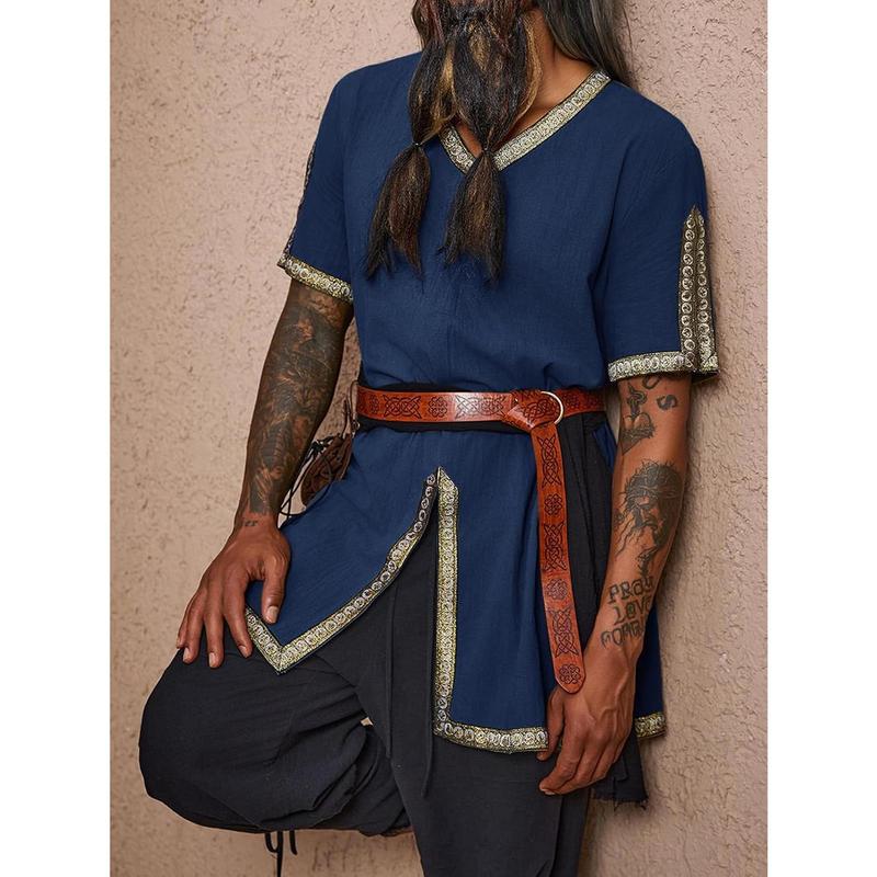 Runcati Mens Medieval Pirate Tunic Renaissance Viking Knight Costume Linen Short Sleeve LARP Halloween Tops