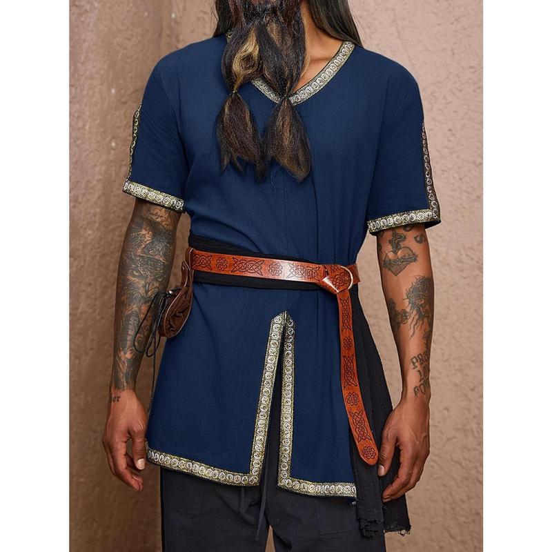 Runcati Mens Medieval Pirate Tunic Renaissance Viking Knight Costume Linen Short Sleeve LARP Halloween Tops