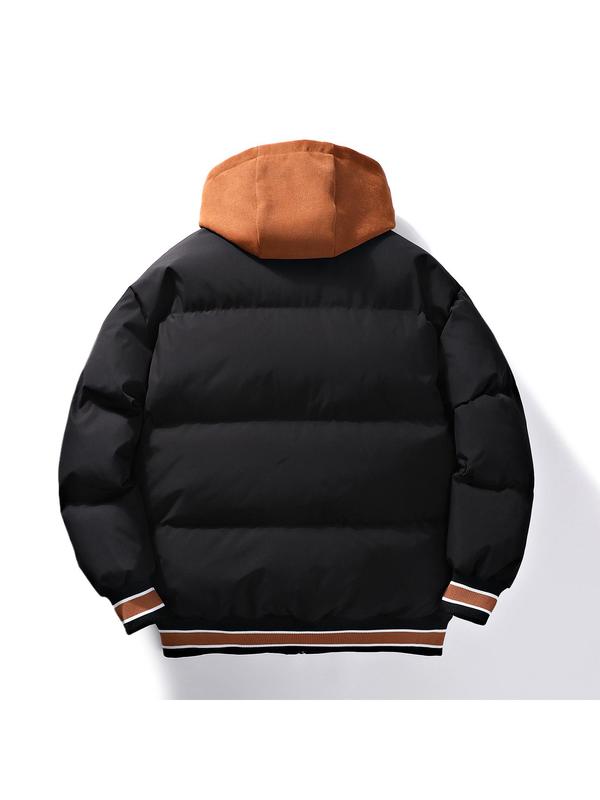 Men's Colorblock Letter Embroidery 2 in 1 Hooded Jacket, Regular Fit Casual Drawstring Pocket Zip Up Long Sleeve Outerwear for Fall & Winter, Men's Clothes for Daily Wear