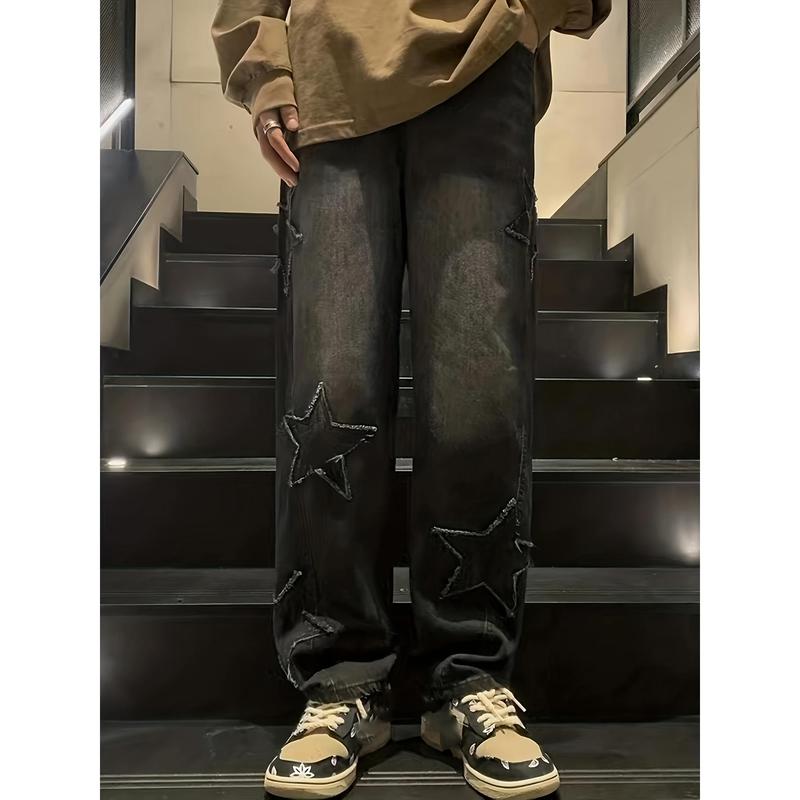 Men's Loose Wide Leg Jeans, Fashion Embroidery XINGX Pattern, Men's Fashion Comfortable Jeans, Street Style Fashion