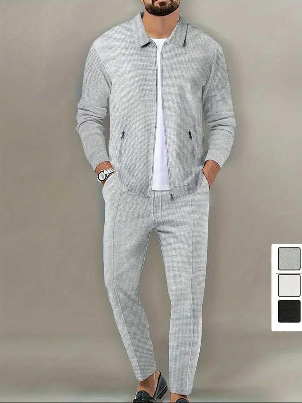 Men's Solid Zip Up Jacket & Pants Two-piece Set, Casual Long Sleeve Collar Outerwear & Trousers for Spring & Fall, Men's Two-piece Outfits for Gym Workout Running