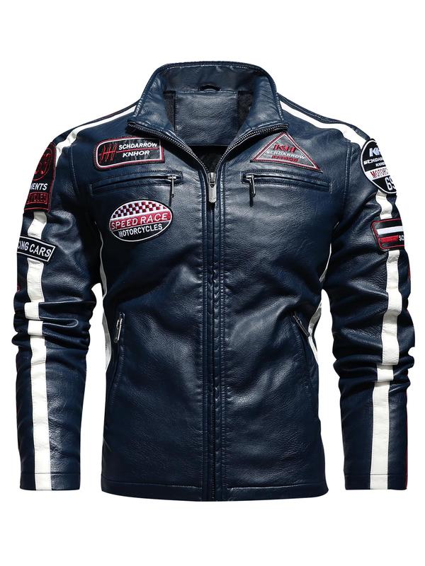 Men's Letter Patched Zip Up Pocket Side Stripe PU Leather Jacket, Regular Fit Street Funnel Neck Motorcycle Racing Outerwear, Fall & Winter Clothes