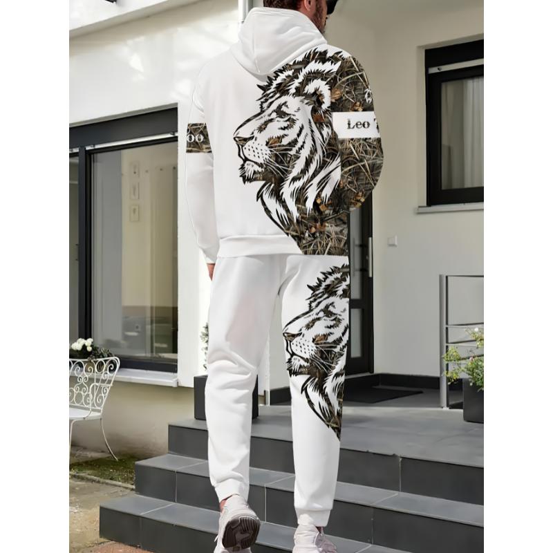 1set Polyester Knit Fashion Street Style Men'S Lion Letter Print Hoodie and Sweatpants Set, Regular Fit, Casual Weekend Wear, with Slight Stretch, Animal Pattern, for Spring Fall