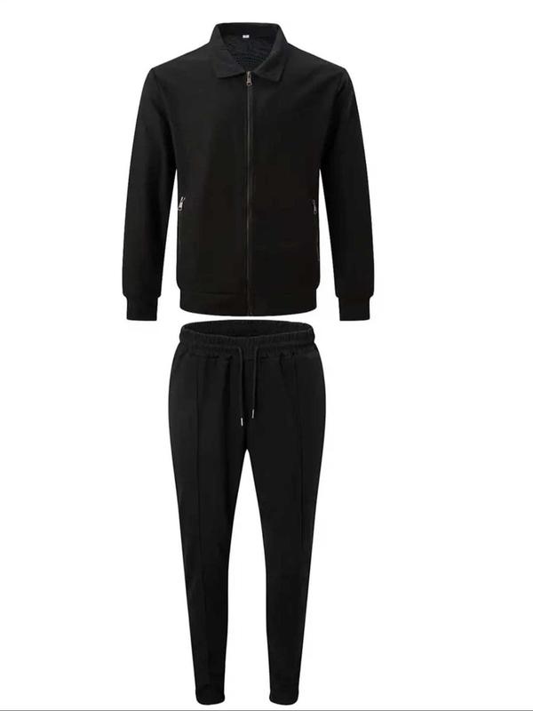 Men's Solid Zip Up Jacket & Pants Two-piece Set, Casual Long Sleeve Collar Outerwear & Trousers for Spring & Fall, Men's Two-piece Outfits for Gym Workout Running