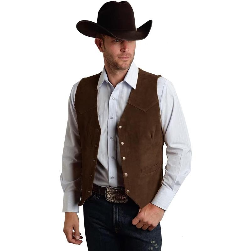 Men's Suede Leather Vest Vintage Cowboy Style Sleeveless Jacket Slim Fit Wedding Waistcoats