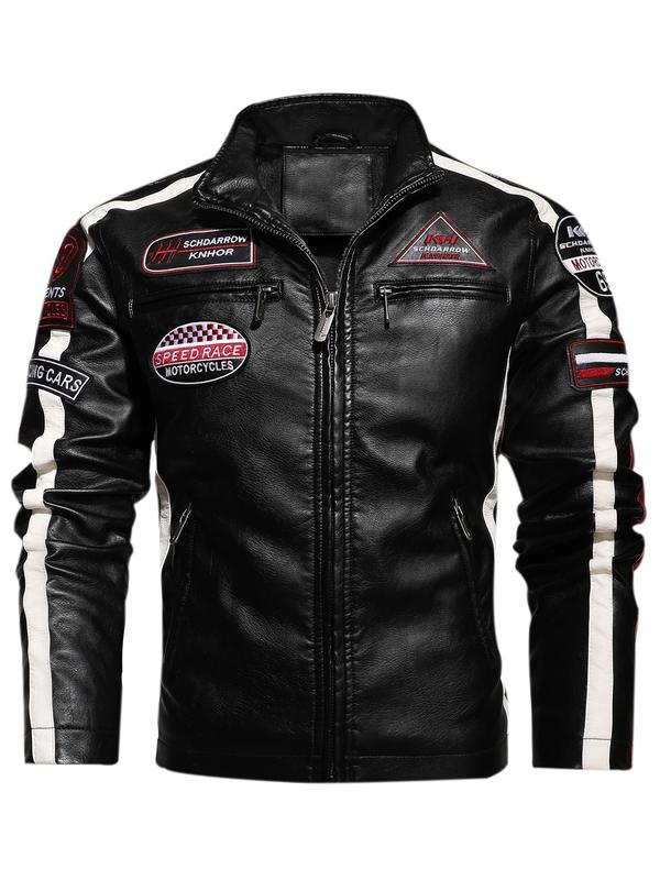 Men's Letter Patched Zip Up Pocket Side Stripe PU Leather Jacket, Regular Fit Street Funnel Neck Motorcycle Racing Outerwear, Fall & Winter Clothes