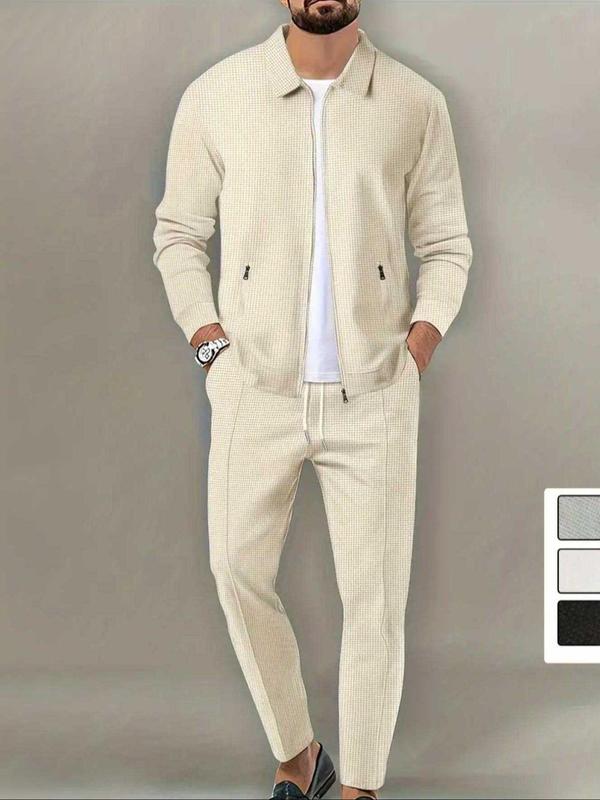 Men's Solid Zip Up Jacket & Pants Two-piece Set, Casual Long Sleeve Collar Outerwear & Trousers for Spring & Fall, Men's Two-piece Outfits for Gym Workout Running