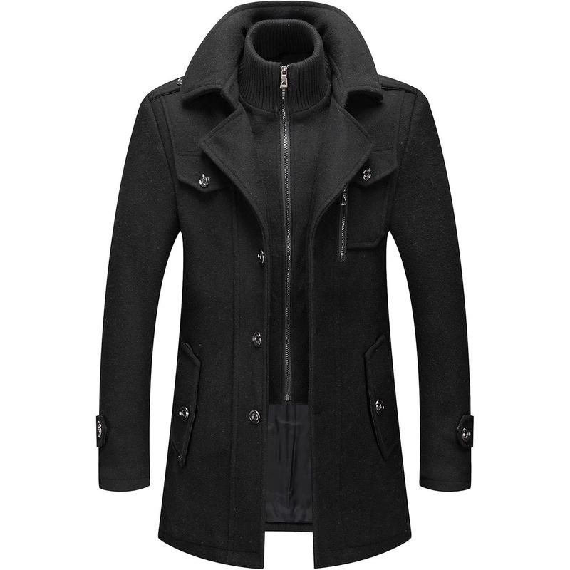 Men's Wool Blend Jacket Single Breasted Slim Fit Thick Winter Windproof Pea Coat with Removable Scarf