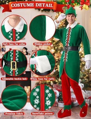 Christmas Elf Costume for Men - 6 PCS Santa Helper Outfit for Xmas & Halloween