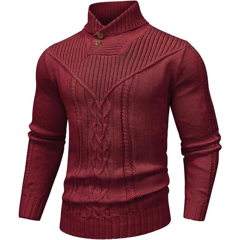 Men's Shawl Collar Pullover Sweater Casual Button Cable Knit Sweaters