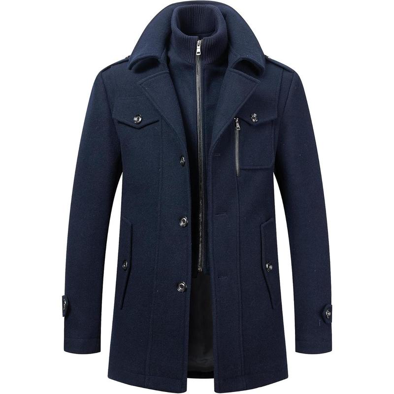 Men's Wool Blend Jacket Single Breasted Slim Fit Thick Winter Windproof Pea Coat with Removable Scarf