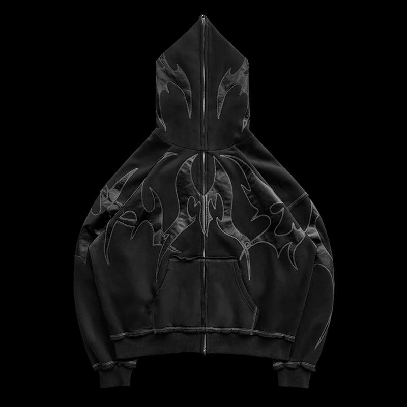 Men's Clothing Street Gothic New Thorn Pattern Puff Print Vintage Zipper Hoodie Men's Sweater Suit