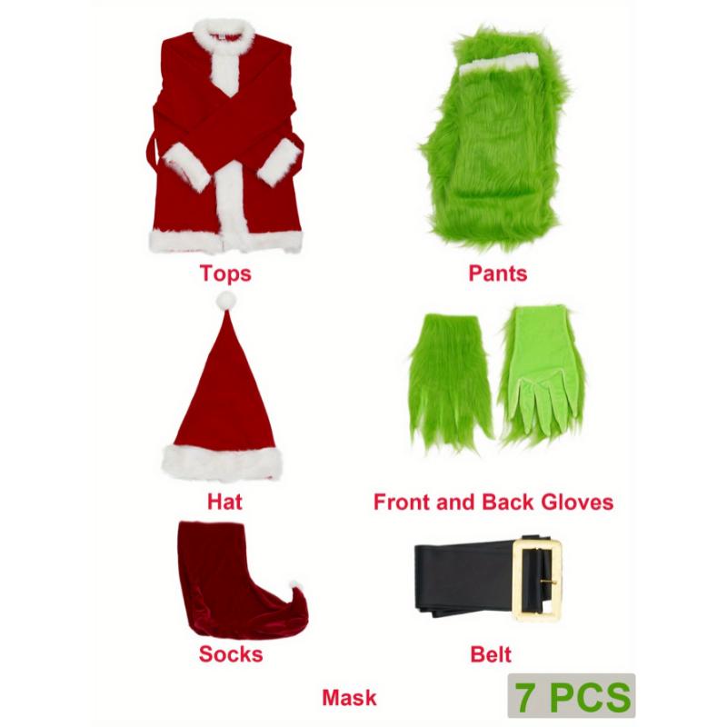 Christmas Costume for Men Adult Green Big Monster Santa Suit 7PCS Mens Deluxe Furry Halloween Xmas Cosplay Outfit Set Fabric Menswear Clothing Collar