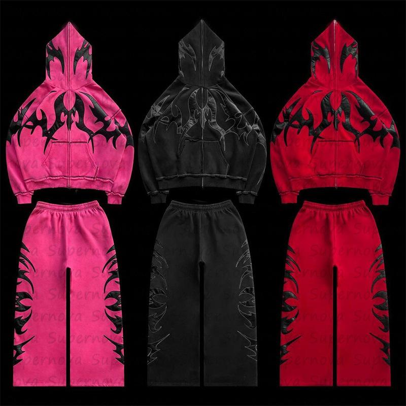 Men's Clothing Street Gothic New Thorn Pattern Puff Print Vintage Zipper Hoodie Men's Sweater Suit