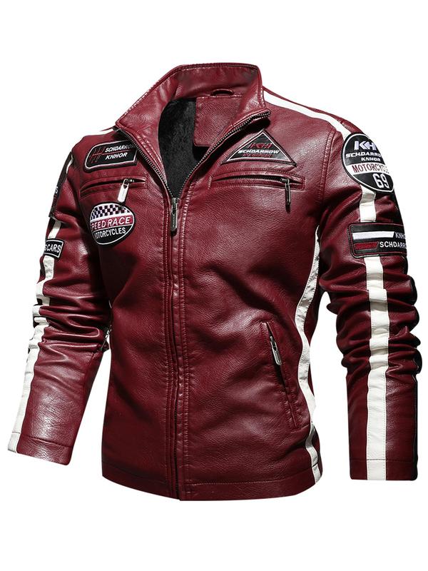 Men's Letter Patched Zip Up Pocket Side Stripe PU Leather Jacket, Regular Fit Street Funnel Neck Motorcycle Racing Outerwear, Fall & Winter Clothes