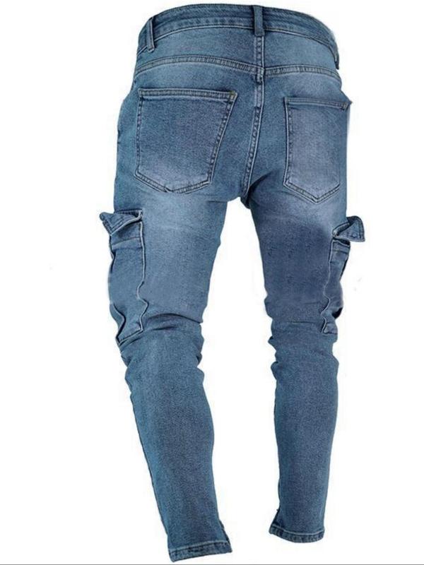 Men's Washed Side Pocket Skinny Jeans, Casual Comfy Regular Fit Denim Pants for Daily Wear, Fashion Men's Bottoms for All Seasons