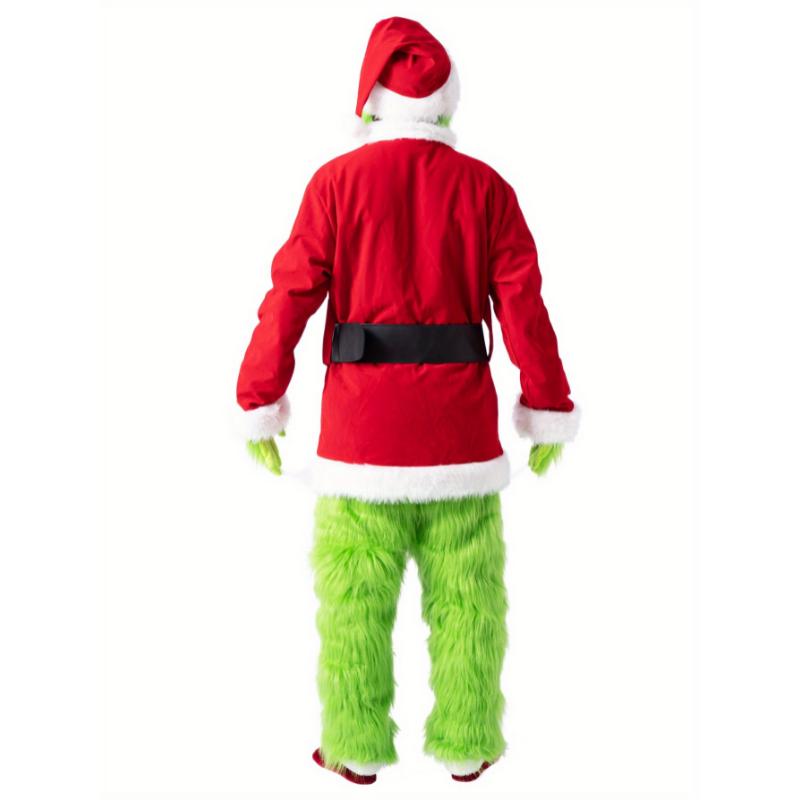 Christmas Costume for Men Adult Green Big Monster Santa Suit 7PCS Mens Deluxe Furry Halloween Xmas Cosplay Outfit Set Fabric Menswear Clothing Collar