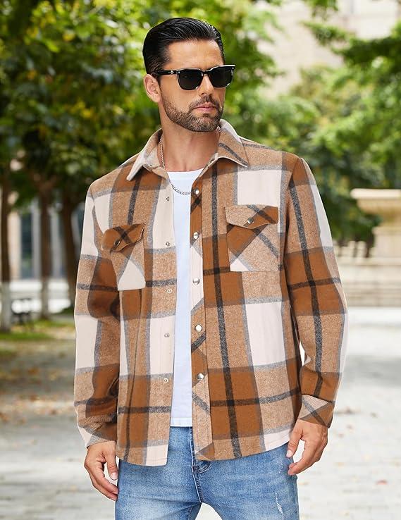 COOFANDY Mens Soft Flannel Jacket Casual Button Down Plaid Shirt Jackets Sherpa Lined Shacket With Pockets