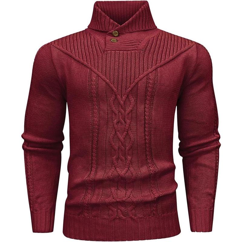 Men's Shawl Collar Pullover Sweater Casual Button Cable Knit Sweaters