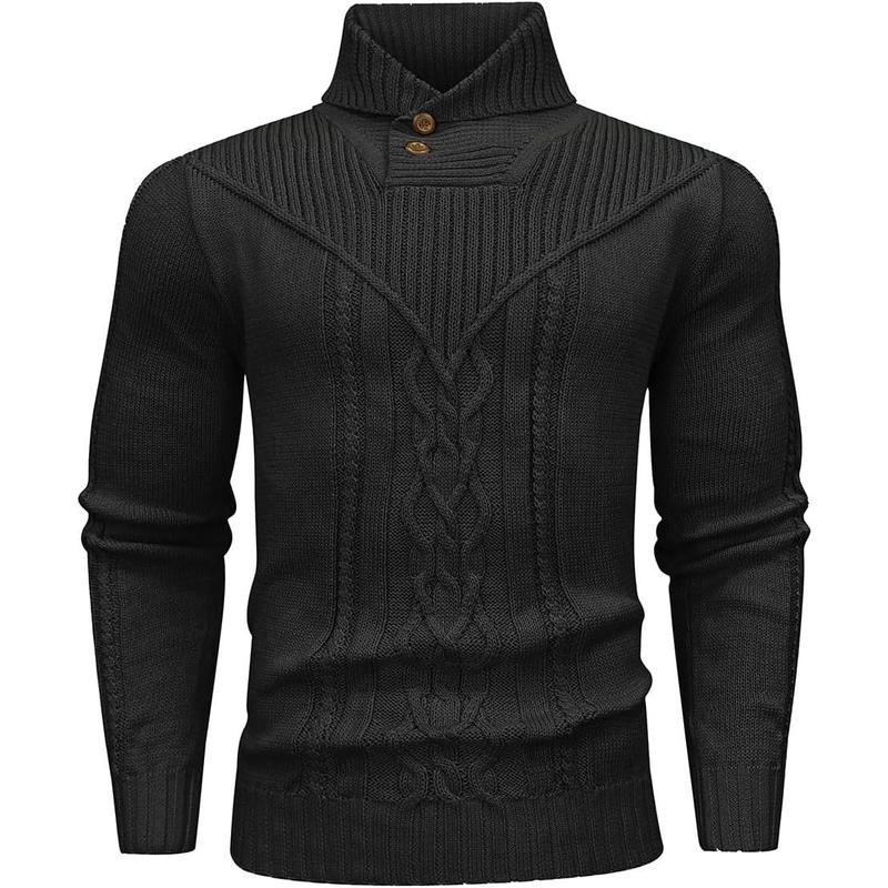 Men's Shawl Collar Pullover Sweater Casual Button Cable Knit Sweaters