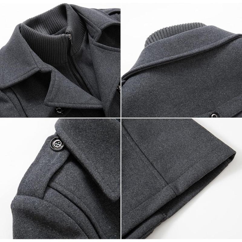 Men's Wool Blend Jacket Single Breasted Slim Fit Thick Winter Windproof Pea Coat with Removable Scarf