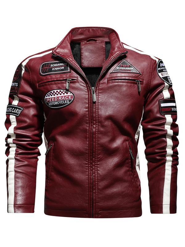 Men's Letter Patched Zip Up Pocket Side Stripe PU Leather Jacket, Regular Fit Street Funnel Neck Motorcycle Racing Outerwear, Fall & Winter Clothes