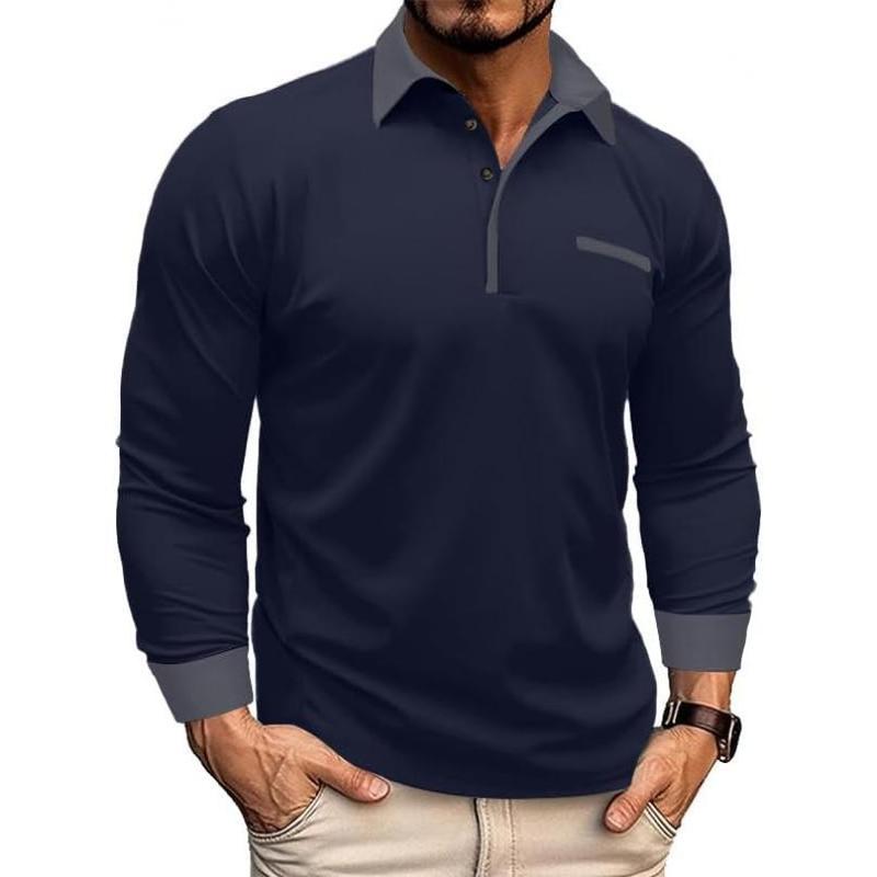 Men's Casual Polo Shirts Long Sleeve Golf Shirts Button T-Shirt Color Block Basic Tops with Decorative Pocket