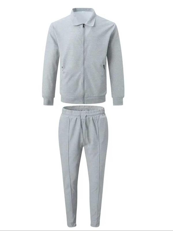 Men's Solid Zip Up Jacket & Pants Two-piece Set, Casual Long Sleeve Collar Outerwear & Trousers for Spring & Fall, Men's Two-piece Outfits for Gym Workout Running