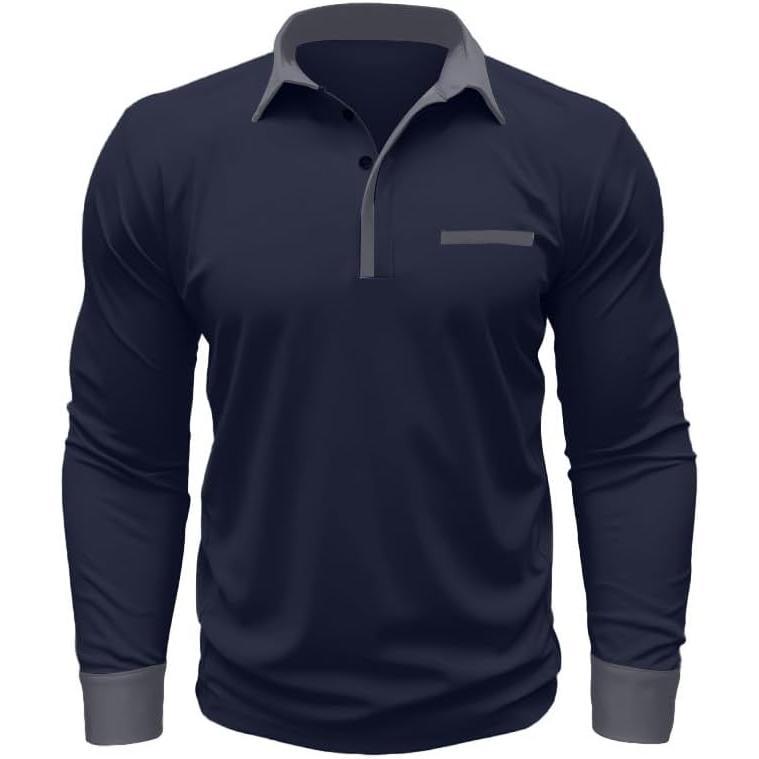 Men's Casual Polo Shirts Long Sleeve Golf Shirts Button T-Shirt Color Block Basic Tops with Decorative Pocket