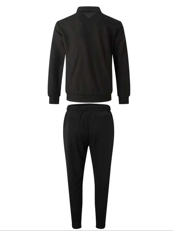 Men's Solid Zip Up Jacket & Pants Two-piece Set, Casual Long Sleeve Collar Outerwear & Trousers for Spring & Fall, Men's Two-piece Outfits for Gym Workout Running