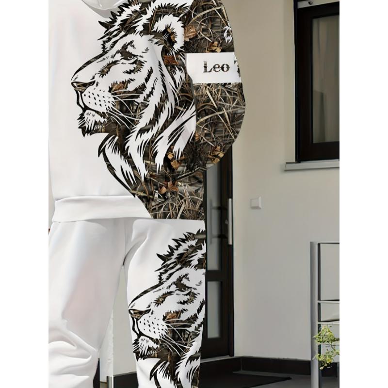 1set Polyester Knit Fashion Street Style Men'S Lion Letter Print Hoodie and Sweatpants Set, Regular Fit, Casual Weekend Wear, with Slight Stretch, Animal Pattern, for Spring Fall