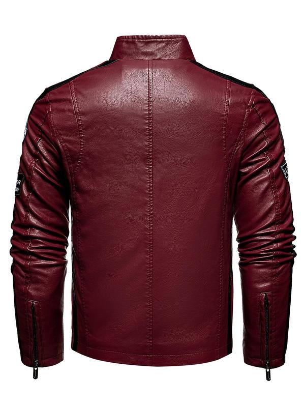 Men's Letter Patched Zip Up Pocket Side Stripe PU Leather Jacket, Regular Fit Street Funnel Neck Motorcycle Racing Outerwear, Fall & Winter Clothes