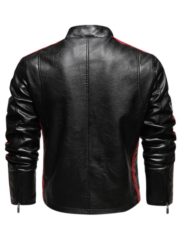 Men's Letter Patched Zip Up Pocket Side Stripe PU Leather Jacket, Regular Fit Street Funnel Neck Motorcycle Racing Outerwear, Fall & Winter Clothes