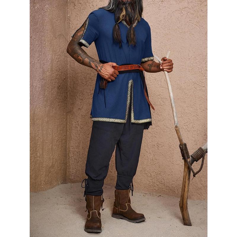 Runcati Mens Medieval Pirate Tunic Renaissance Viking Knight Costume Linen Short Sleeve LARP Halloween Tops