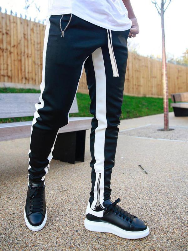 Men's Colorblock Zipper Pocket Sweatpants, Street Fashion Casual Drawstring Elastic Waist Trousers for Daily Wear, Men's Bottoms for Spring & Fall