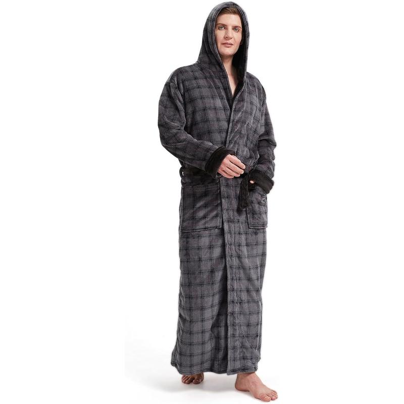 Mens Plush Plaid Hooded Robe, Full Length Fleece Big and Tall Bathrobe with Hood