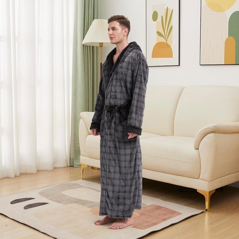 Mens Plush Plaid Hooded Robe, Full Length Fleece Big and Tall Bathrobe with Hood