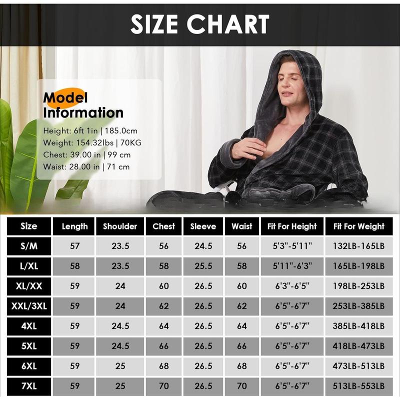 Mens Plush Plaid Hooded Robe, Full Length Fleece Big and Tall Bathrobe with Hood