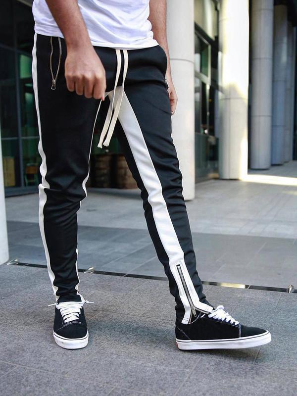 Men's Colorblock Zipper Pocket Sweatpants, Street Fashion Casual Drawstring Elastic Waist Trousers for Daily Wear, Men's Bottoms for Spring & Fall